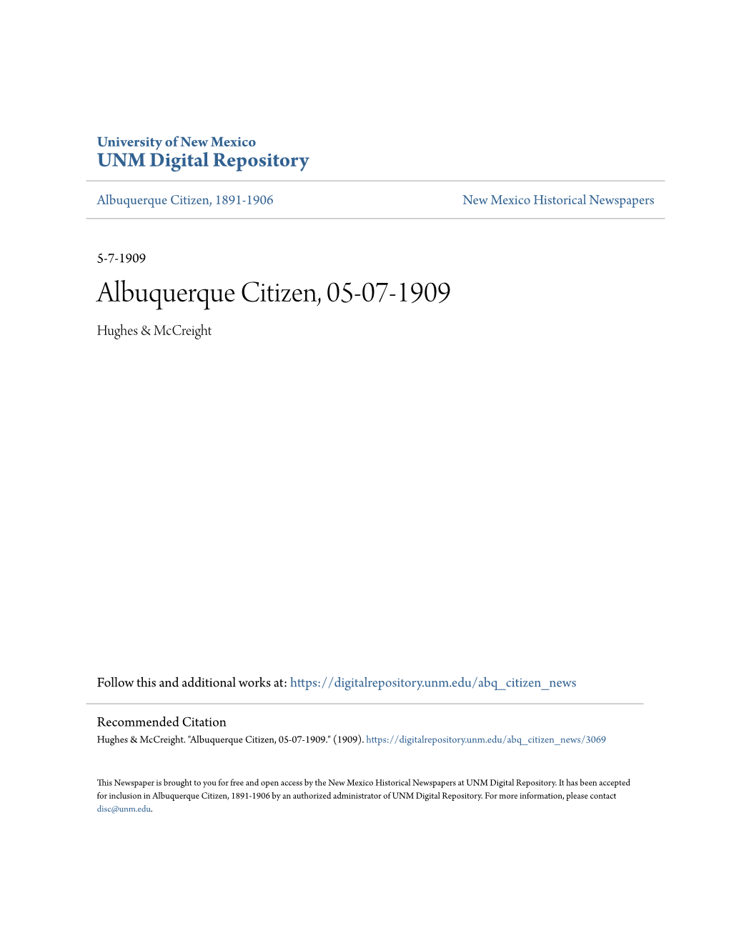 Albuquerque Citizen, 05-07-1909 Hughes & Mccreight