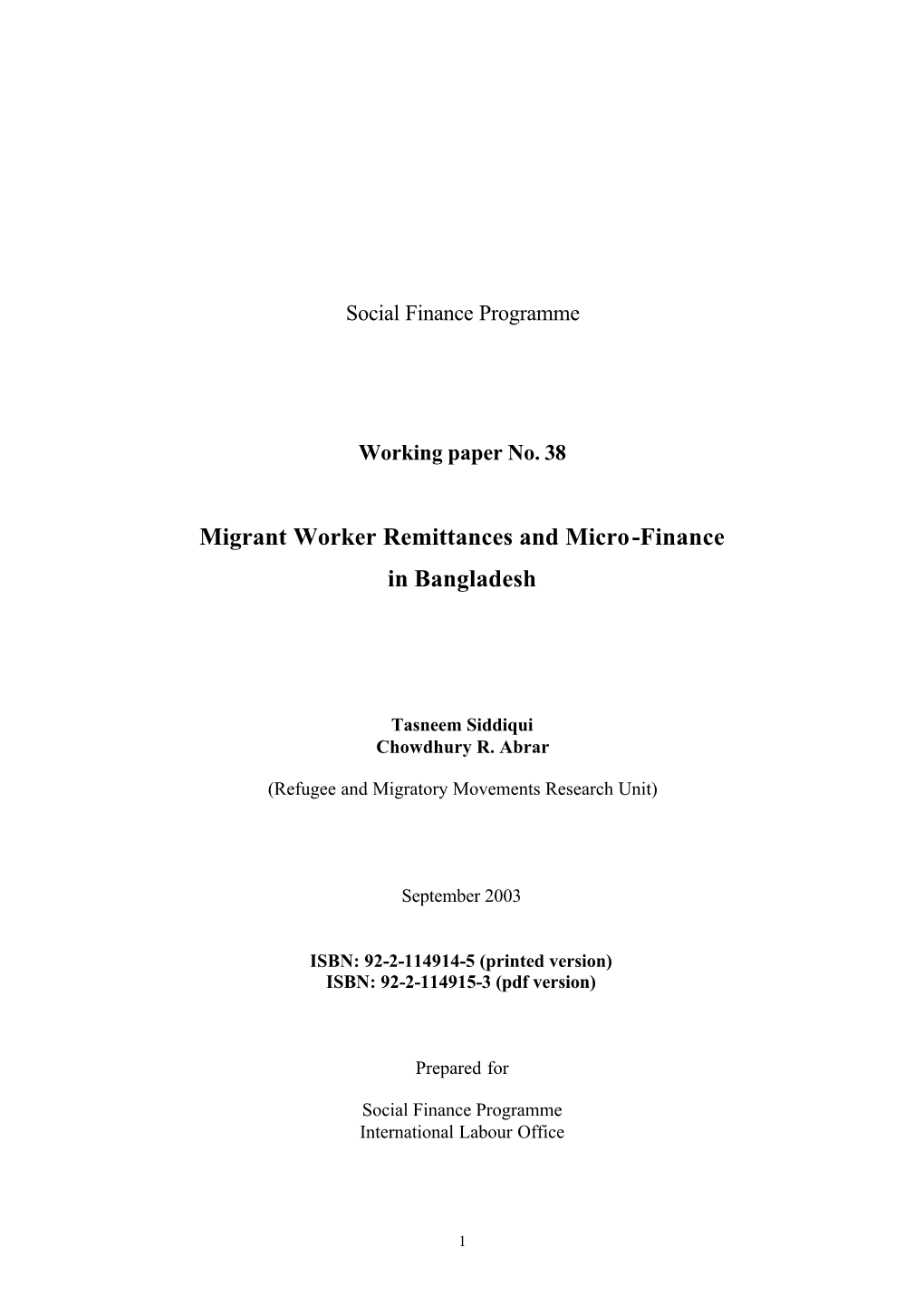 Migrant Worker Remittances and Micro-Finance in Bangladesh