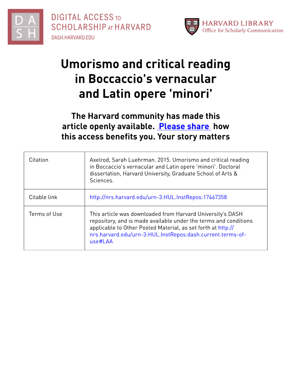 Umorismo and Critical Reading in Boccaccio's Vernacular and Latin Opere 'Minori'