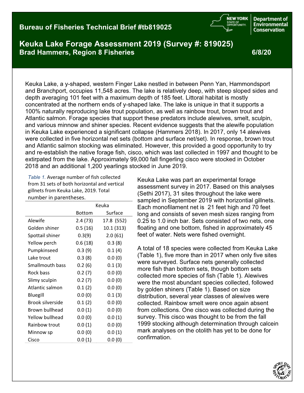 Keuka Lake Forage Assessment 2019 (Survey #: 819025) Brad Hammers, Region 8 Fisheries 6/8/20