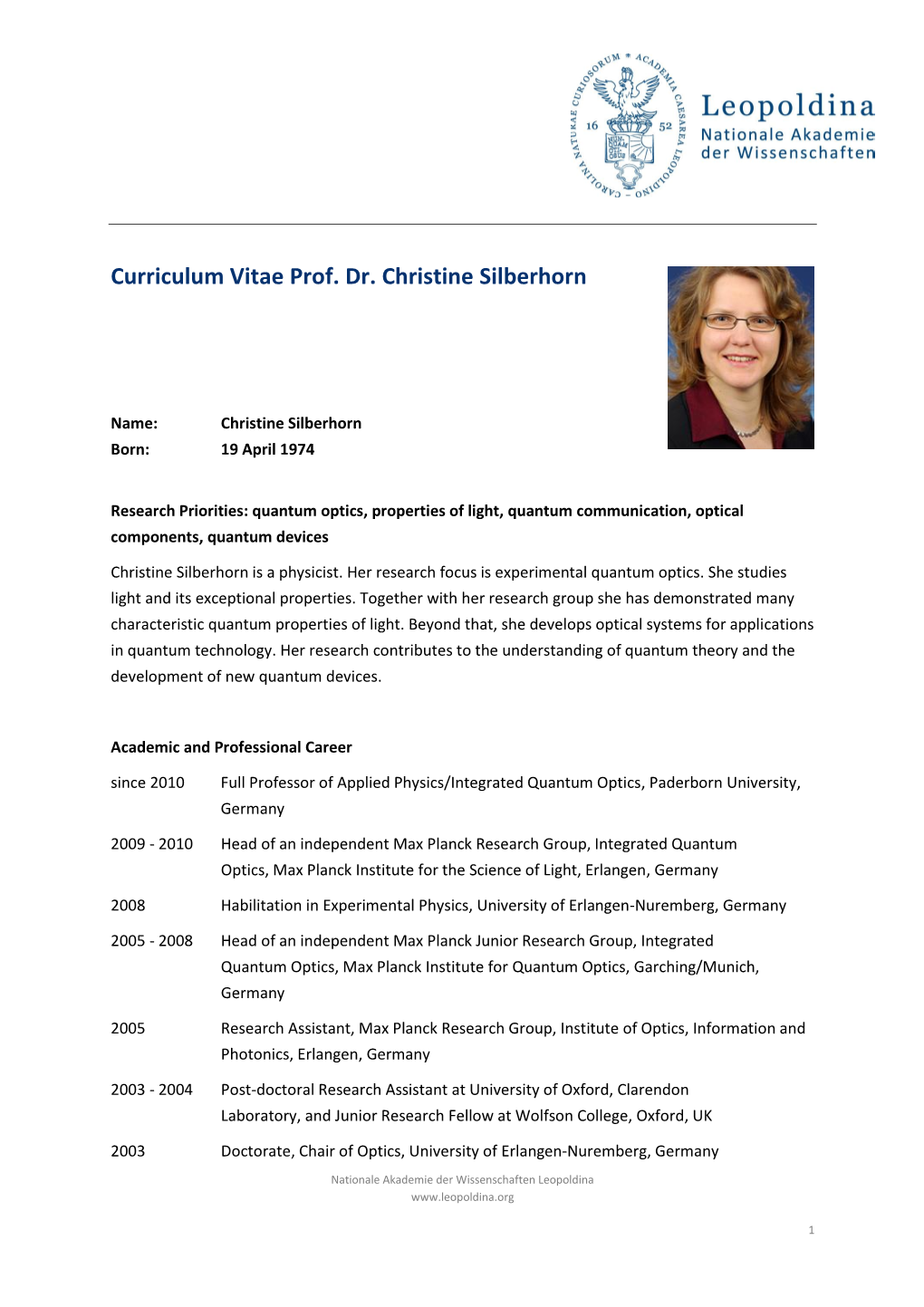 Curriculum Vitae Prof. Dr. Christine Silberhorn