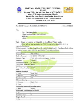 HARYANA STATE POLLUTION CONTROL BOARD Regional Office Karnal , 2Nd Floor of SCO No.78-79 Above PNB Bank, Near Namstay Chowk, Karnal,Haryana