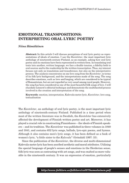 Emotional Transpositions: Interpreting Oral Lyric Poetry