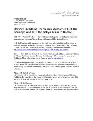 Harvard Buddhist Chaplaincy Welcomes H.H. the Karmapa and H.H