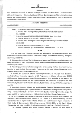 7.The Scheme, Syllabus and Model Question Papers Rf Bachelor of Multi Media & Communication(B.M.M.C.) Programme (CBCSS-OBE) W.E.I 2020, Ar