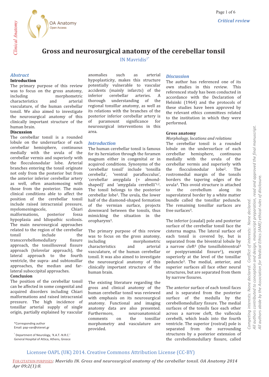 Gross and Neurosurgical Anatomy of the Cerebellar Tonsil Clinical Anatomy in Mavridis1*