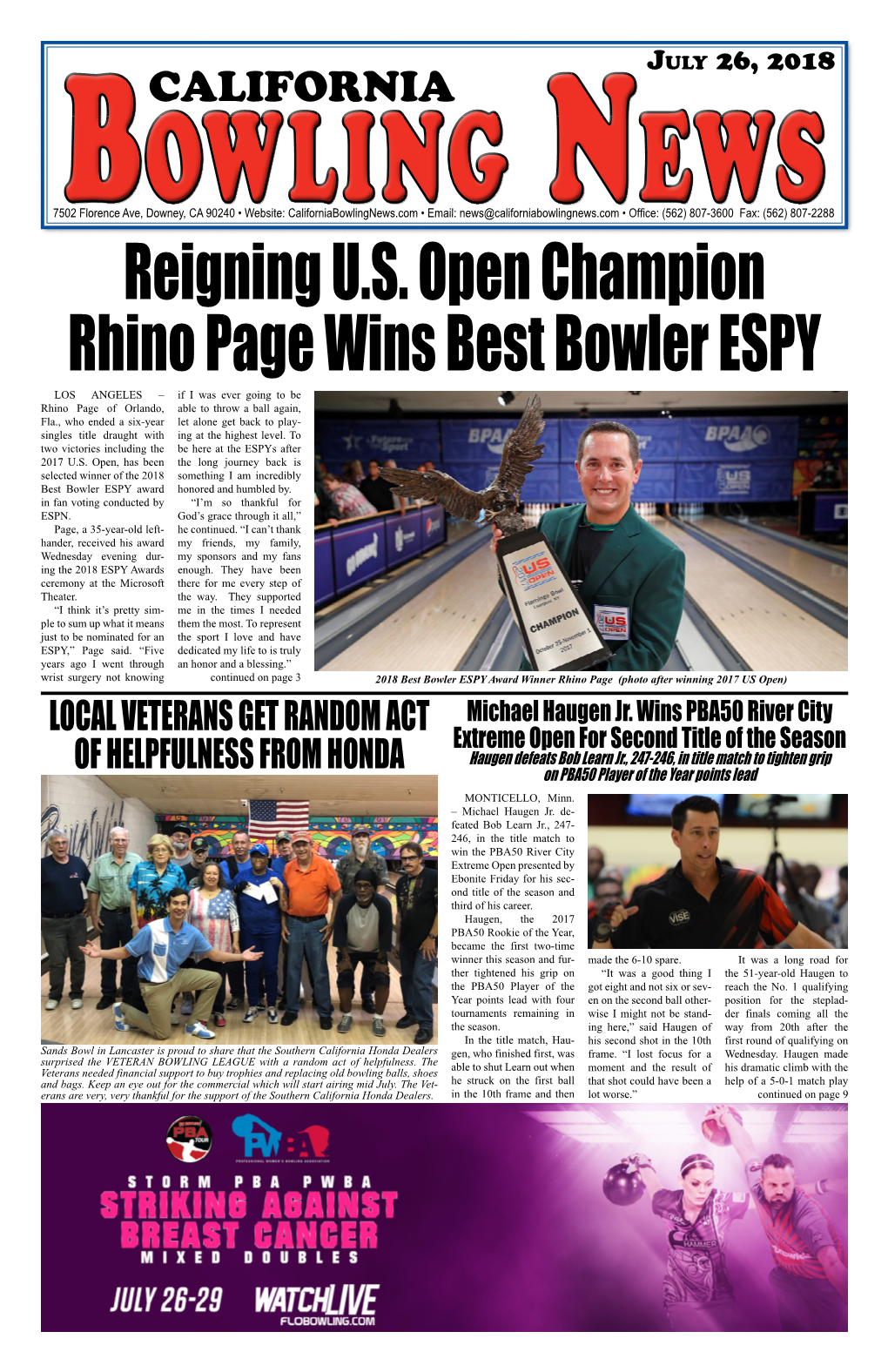 Reigning U.S. Open Champion Rhino Page Wins Best Bowler ESPY