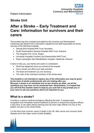 After a Stroke – Early Treatment and Care: Information for Survivors and Their Carers