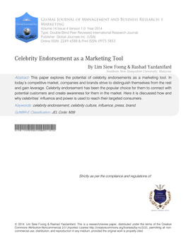Celebrity Endorsement As a Marketing Tool by Lim Siew Foong & Rashad Yazdanifard Southern New Hampshire University, Malaysia