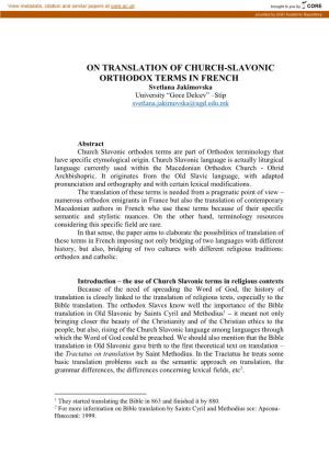 ON TRANSLATION of CHURCH-SLAVONIC ORTHODOX TERMS in FRENCH Svetlana Jakimovska University “Goce Delcev” –Stip Svetlana.Jakimovska@Ugd.Edu.Mk