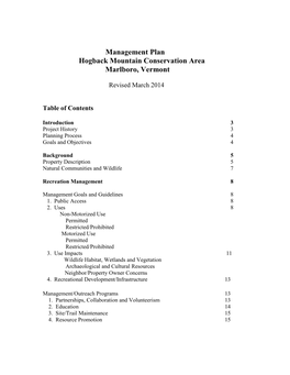 Management Plan Hogback Mountain Conservation Area Marlboro, Vermont