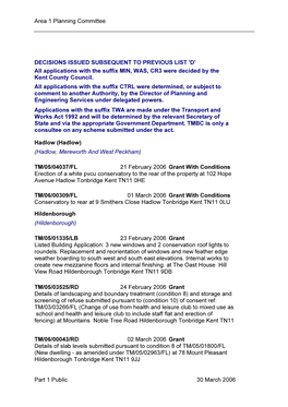 Area 1 Planning Committee Part 1 Public 30 March 2006 DECISIONS ISSUED SUBSEQUENT to PREVIOUS LIST 'D' All Applications with Th