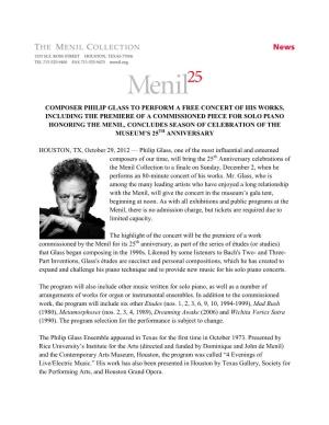 Composer Philip Glass to Perform a Free Concert Of