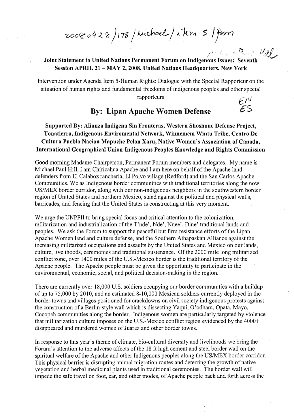 J in / Чш1 Hd Joint Statement to United Nations Permanent Forum on Indigenous Issues: Seventh Session APRIL 21 - MAY 2, 2008, United Nations Headquarters, New York