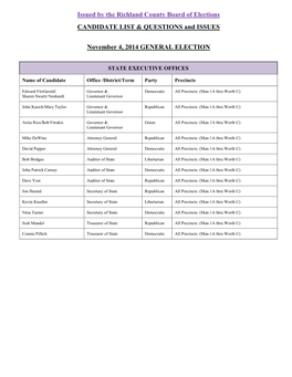 Issued by the Richland County Board of Elections CANDIDATE LIST & QUESTIONS and ISSUES