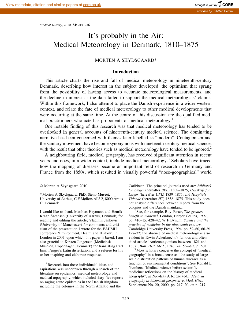 Medical Meteorology in Denmark, 1810–1875