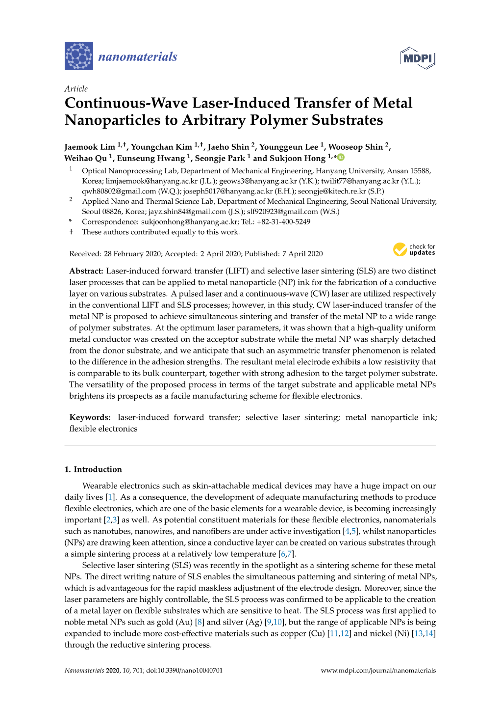 Continuous-Wave Laser-Induced Transfer of Metal Nanoparticles to Arbitrary Polymer Substrates