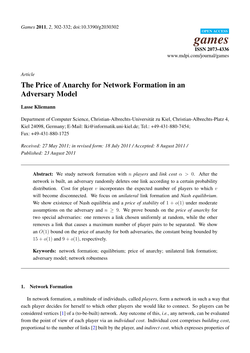 The Price of Anarchy for Network Formation in an Adversary Model