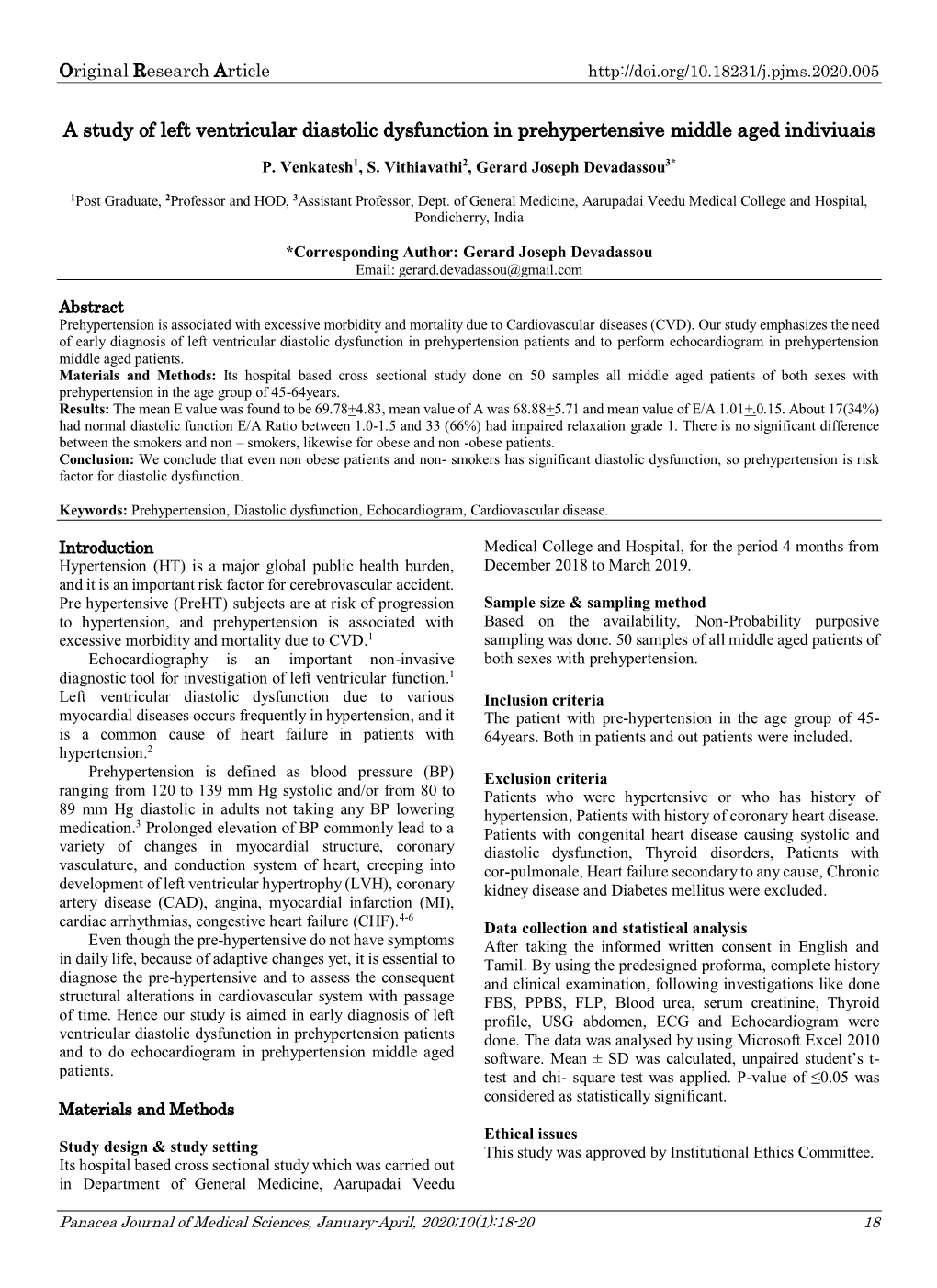 A Study of Left Ventricular Diastolic Dysfunction in Prehypertensive Middle Aged Indiviuais