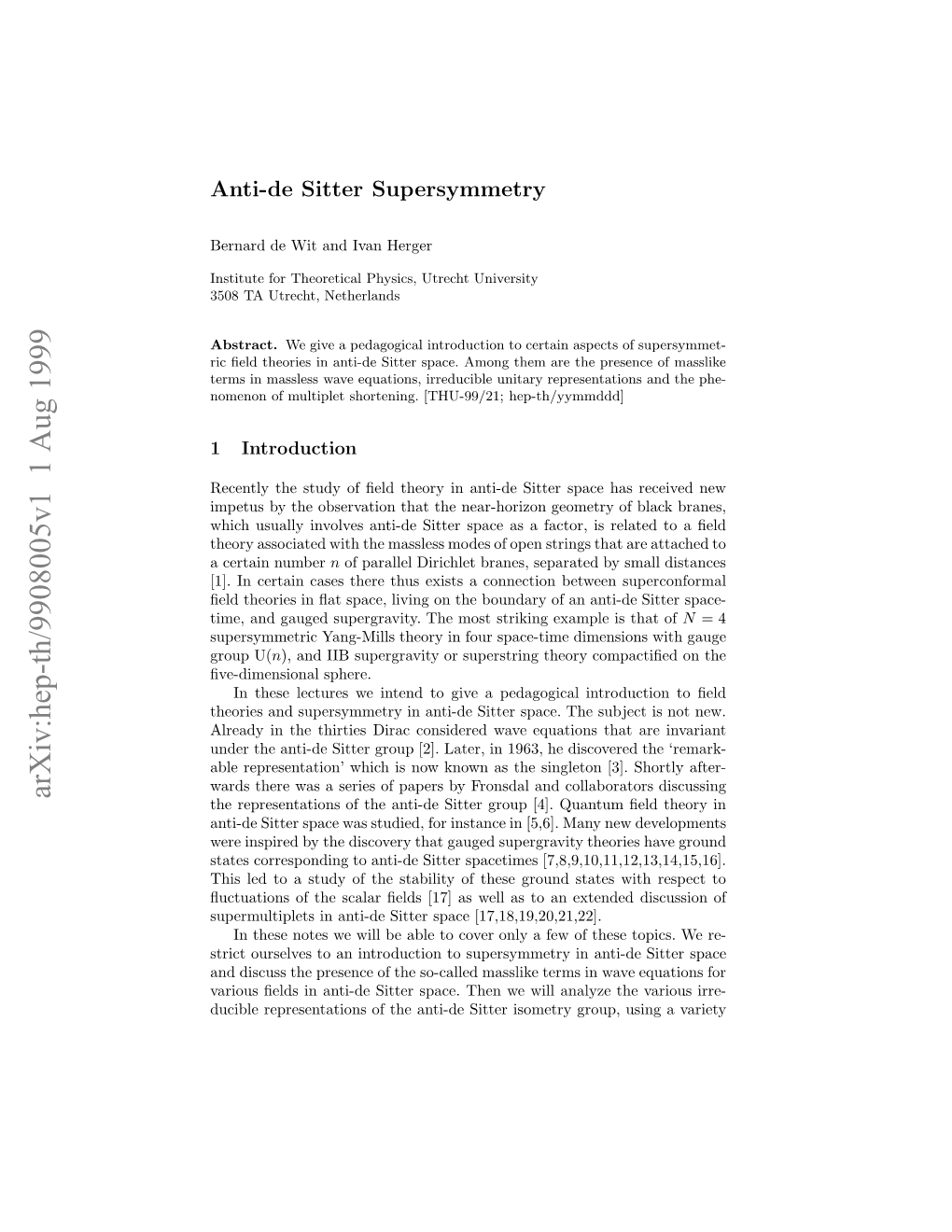 Arxiv:Hep-Th/9908005V1 1 Aug 1999 Uil Ersnain Fteat-Este Smtygro T Isometry Analyze Sitter Will Anti-De We the Then of Space