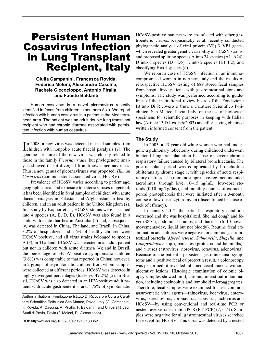 Persistent Human Cosavirus Infection in Lung Transplant Recipient, Italy