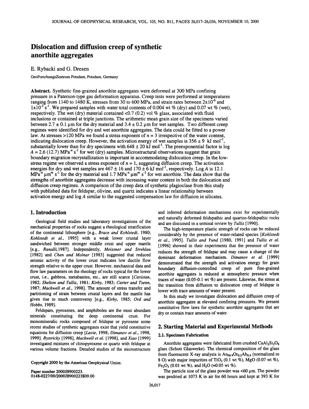 Dislocation and Diffusion Creep of Synthetic Anorthite Aggregates