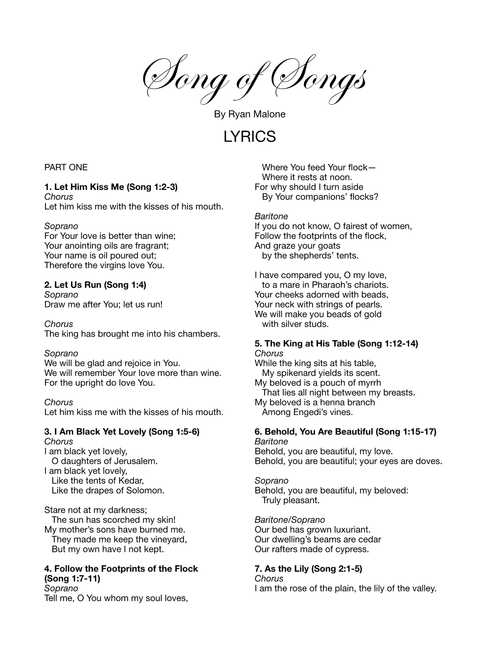 Song of Songs by Ryan Malone LYRICS