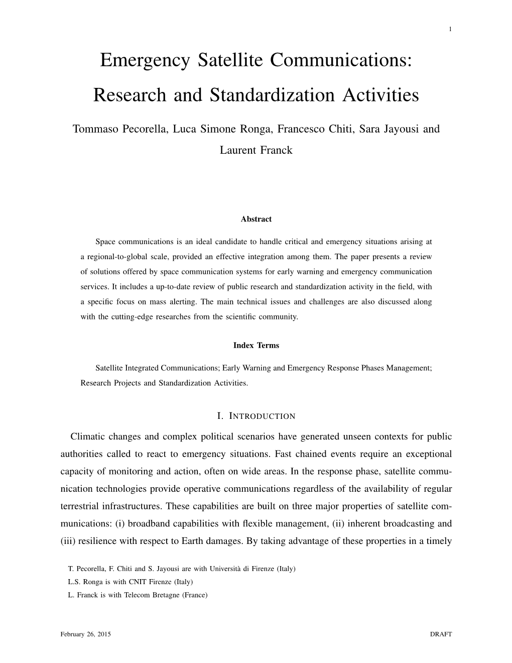 Emergency Satellite Communications: Research and Standardization Activities