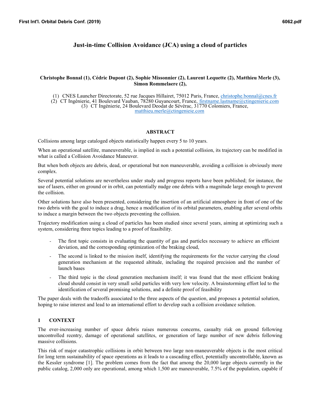 Just-In-Time Collision Avoidance (JCA) Using a Cloud of Particles