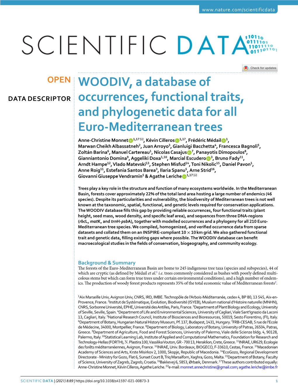 WOODIV, a Database of Occurrences, Functional Traits, and Phylogenetic Data for All Euro-Mediterranean Trees