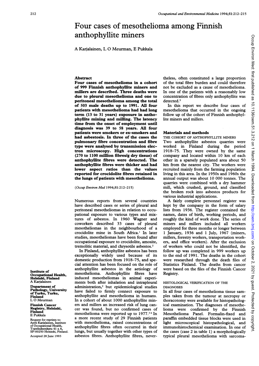 Anthophyllite Miners Occup Environ Med: First Published As 10.1136/Oem.51.3.212 on 1 March 1994