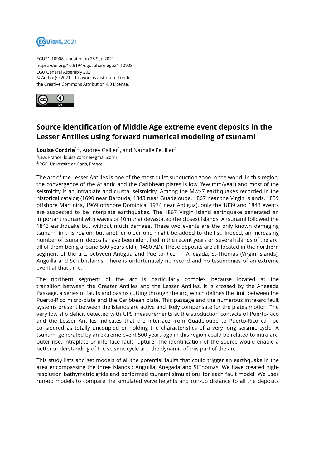 Source Identification of Middle Age Extreme Event Deposits in the Lesser Antilles Using Forward Numerical Modeling of Tsunami