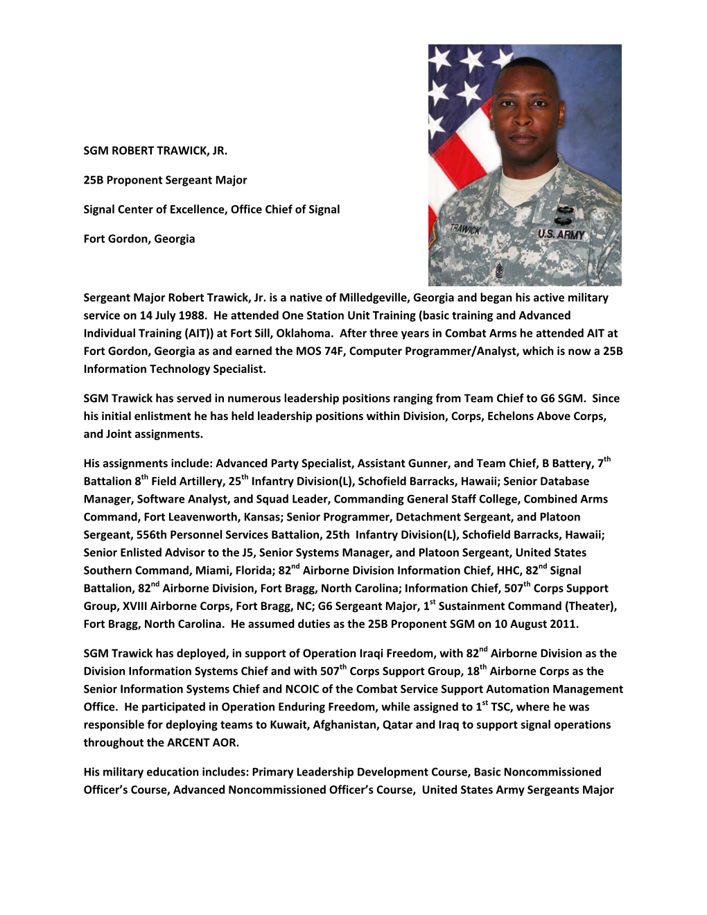 SGM ROBERT TRAWICK, JR. 25B Proponent Sergeant Major Signal