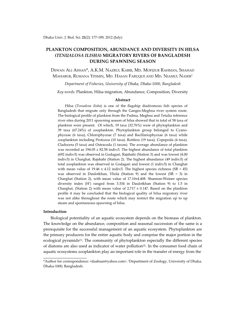 Plankton Composition, Abundance and Diversity in Hilsa (Tenualosa Ilisha) Migratory Rivers of Bangladesh During Spawning Season