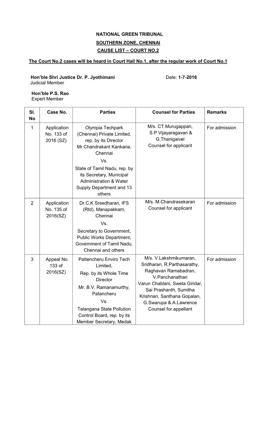 National Green Tribunal Southern Zone, Chennai Cause List – Court No.2