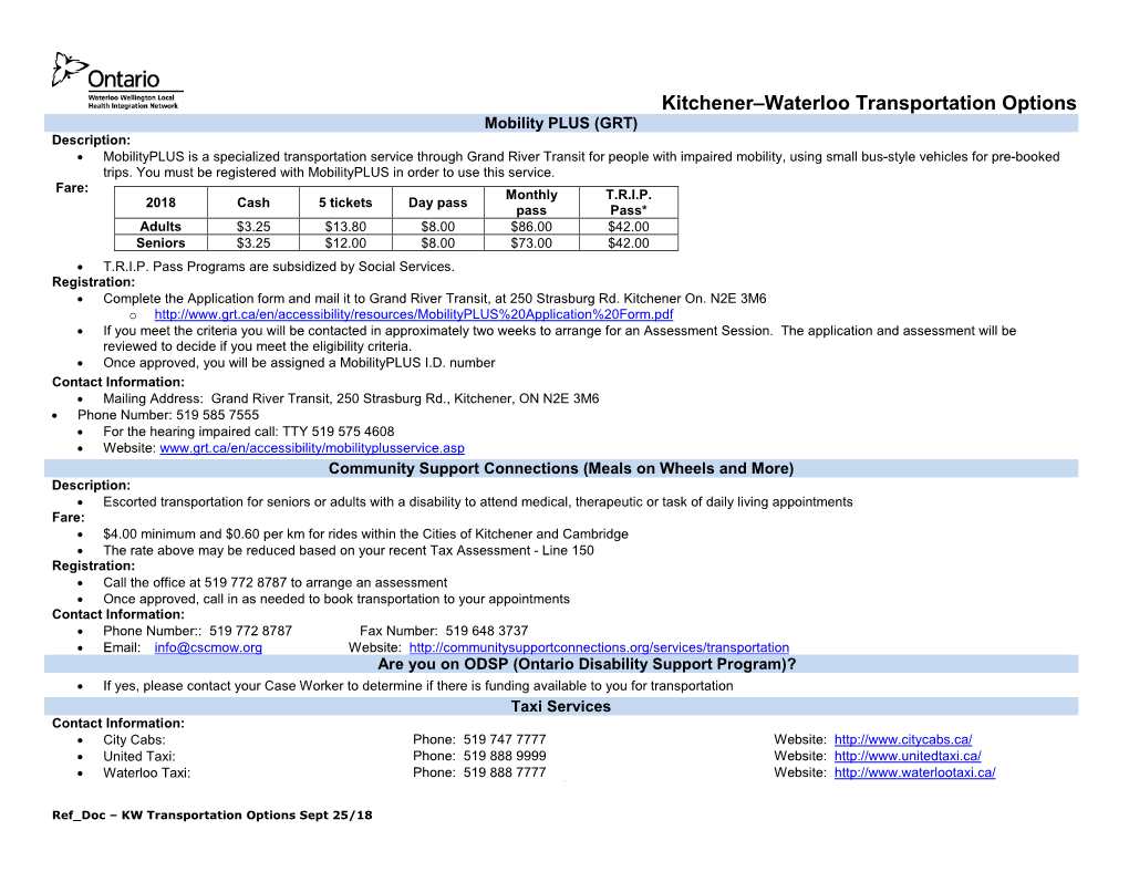 Ref Doc – KW Transportation Options Sept 25/18