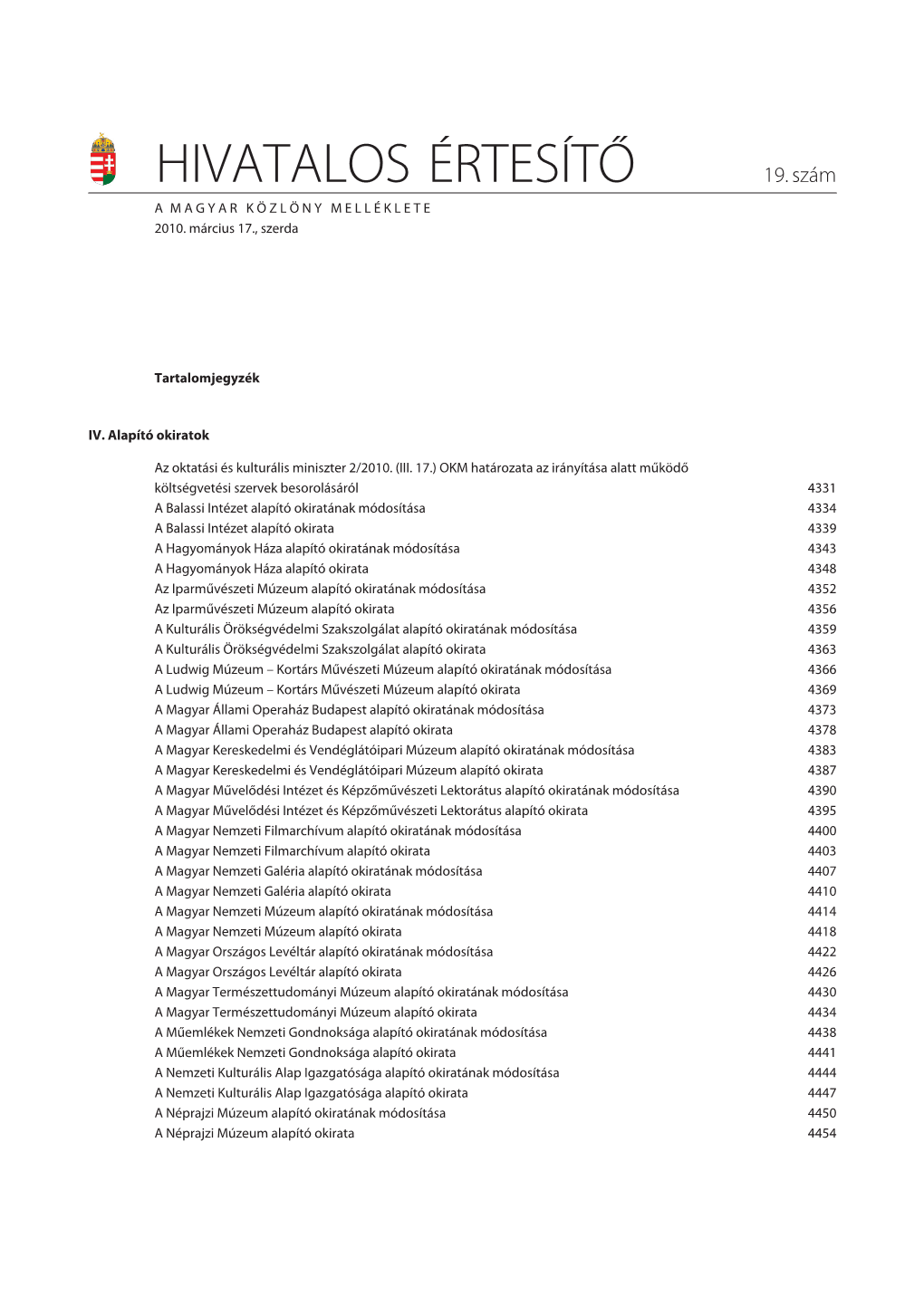 HIVATALOS ÉRTESÍTŐ • 2010. Évi 19. Szám