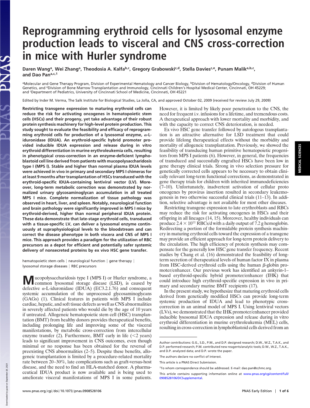 Reprogramming Erythroid Cells for Lysosomal Enzyme Production Leads to Visceral and CNS Cross-Correction in Mice with Hurler Syndrome