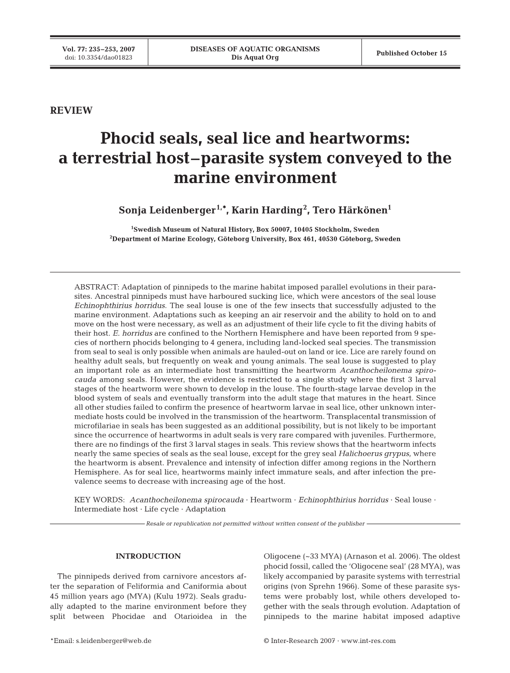 Phocid Seals, Seal Lice and Heartworms: a Terrestrial Host–Parasite System Conveyed to the Marine Environment