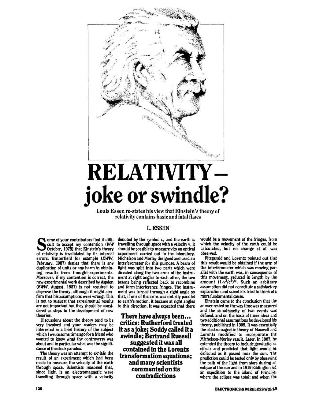 RELATIVITY- Joke Or Swindle? Louis Essen Re-States His View That Einstein's Theory of Relativity Contains Basic and Fatal Flaws L