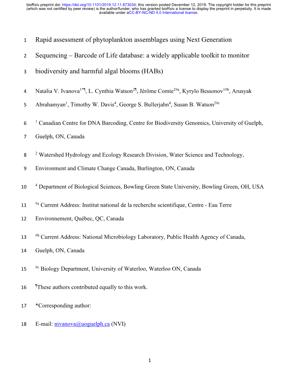 Rapid Assessment of Phytoplankton Assemblages Using Next Generation