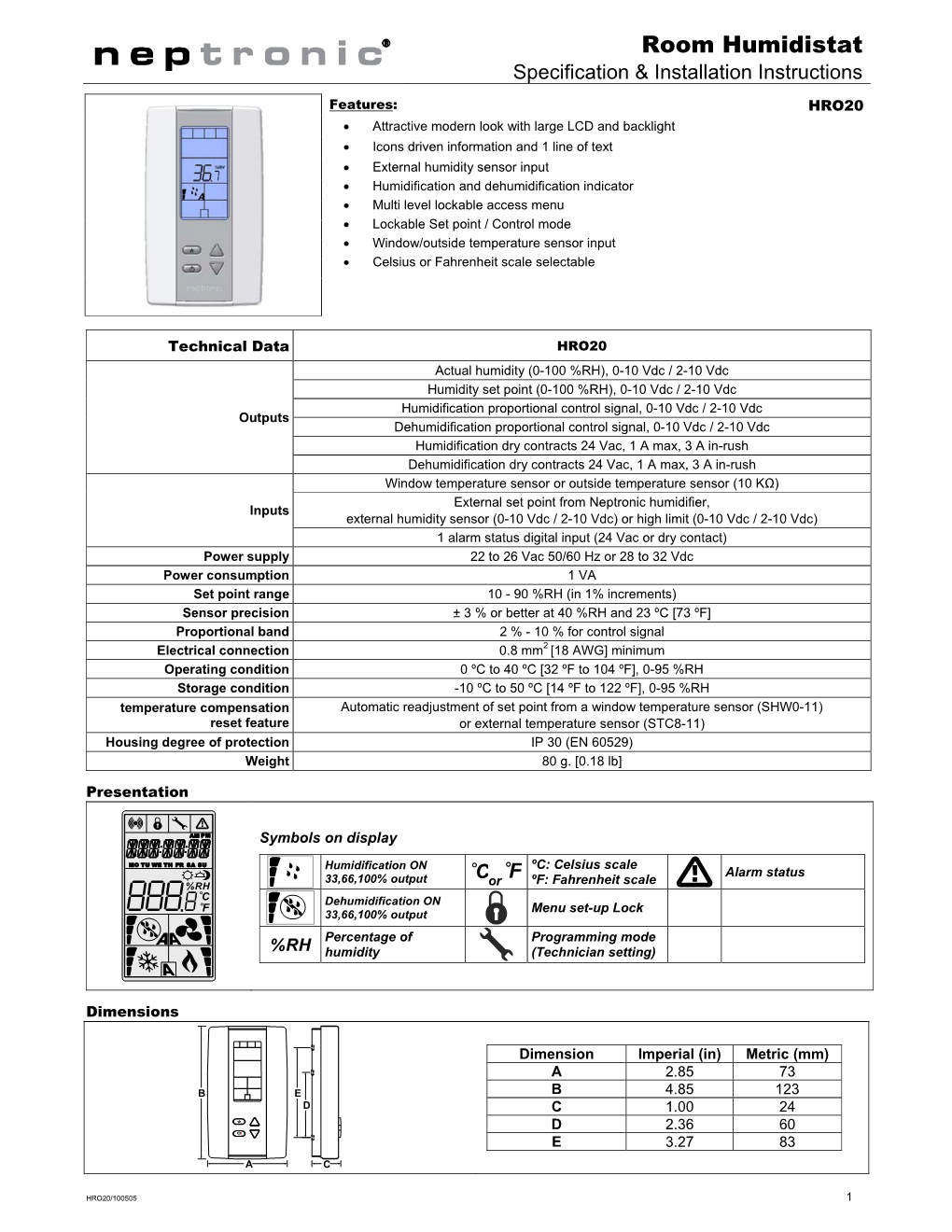 Room Humidistat Specification & Installation Instructions