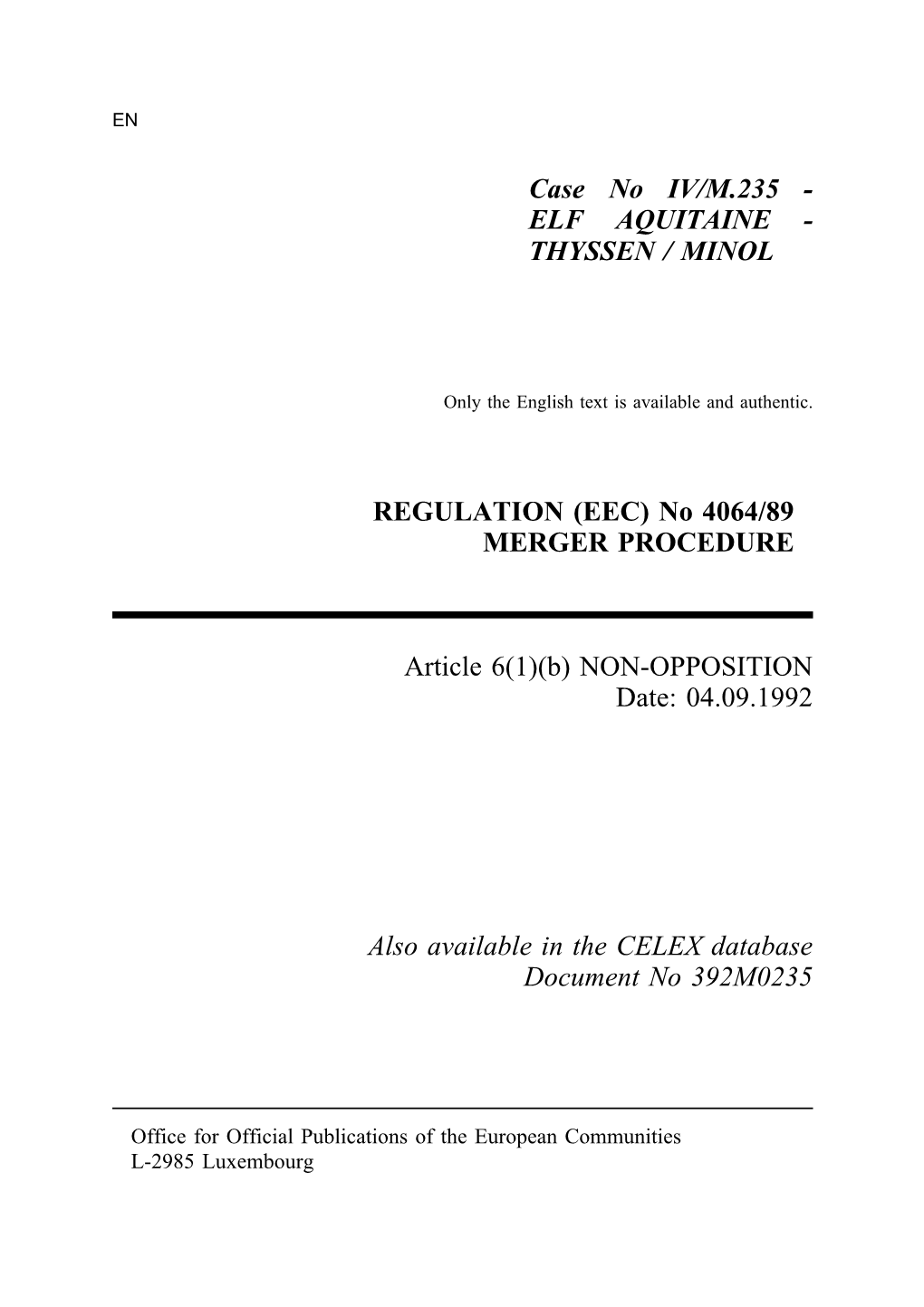 Merger Decision IV/M.235 of 04.09.1992