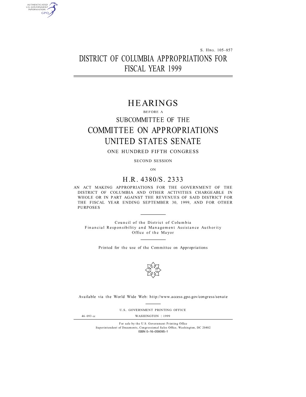 105–857 District of Columbia Appropriations for Fiscal Year 1999