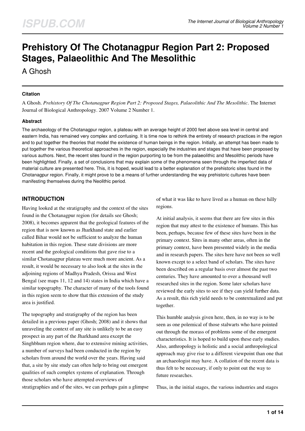 Proposed Stages, Palaeolithic and the Mesolithic a Ghosh