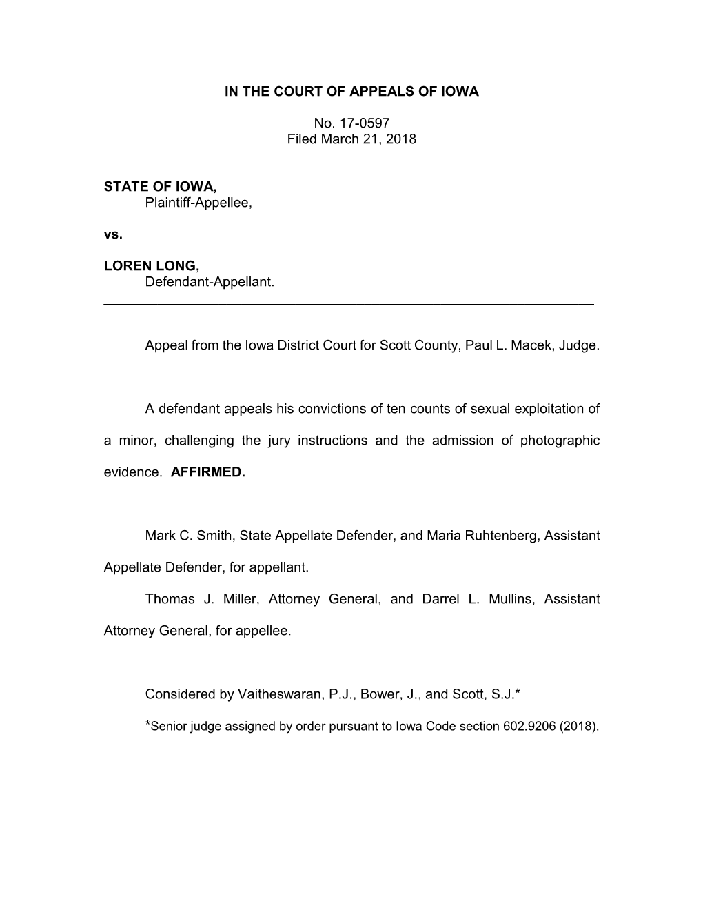 IN the COURT of APPEALS of IOWA No. 17-0597 Filed March 21