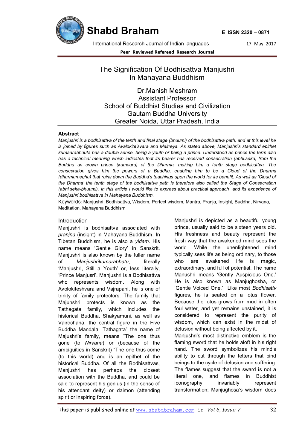 The Signification of Bodhisattva Manjushri in Mahayana Buddhism