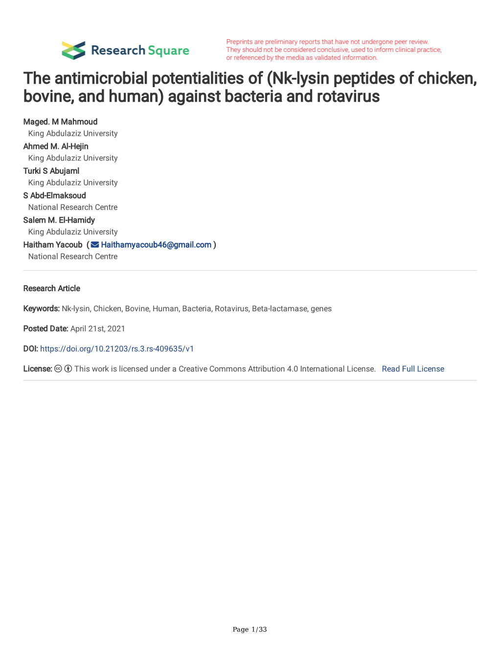 The Antimicrobial Potentialities of (Nk-Lysin Peptides of Chicken, Bovine, and Human) Against Bacteria and Rotavirus