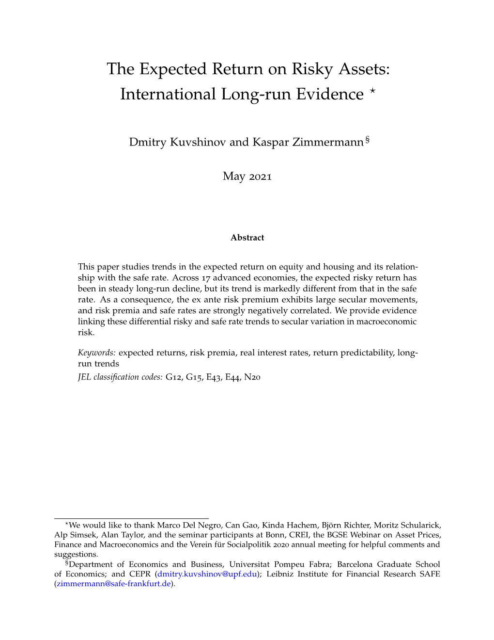 The Expected Return on Risky Assets: International Long-Run Evidence ?