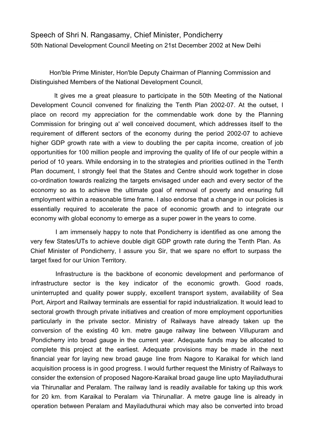 Speech of Shri N. Rangasamy, Chief Minister, Pondicherry 50Th National Development Council Meeting on 21St December 2002 at New Delhi